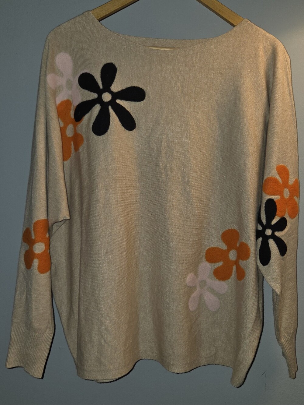 Beige Groovy 70s Inspired Floral Accent Women’s Sweater